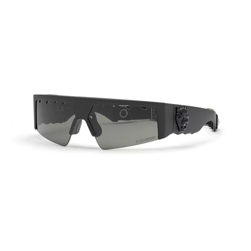 PHILIPP PLEIN SPORT SSP006V710U28 Vyriški stačiakampiai akiniai nuo saulės – juodas rėmelis, dūminiai pilki lęšiai – 71/12/130 mm
