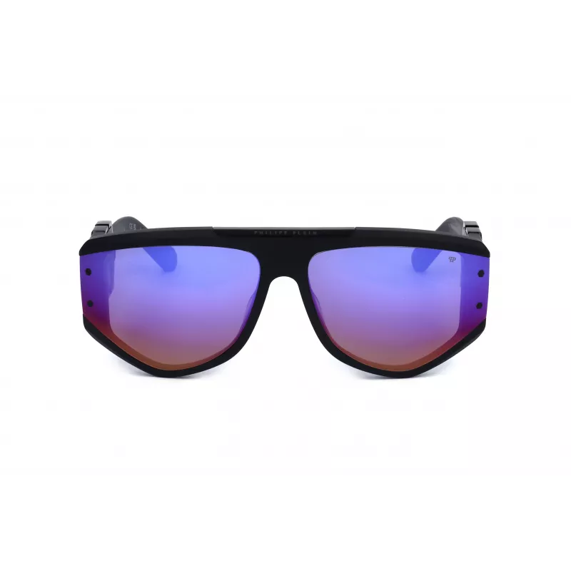 PHILIPP PLEIN SPP093M-703V Vyriški kvadratiniai pilotiniai akiniai nuo saulės, juodas acetatinis rėmelis, pilki polikarbonatiniai lęšiai, UV400 apsauga, 65/16/145 mm