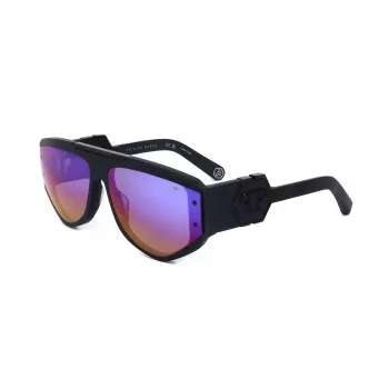 PHILIPP PLEIN SPP093M-703V Vyriški kvadratiniai pilotiniai akiniai nuo saulės, juodas acetatinis rėmelis, pilki polikarbonatiniai lęšiai, UV400 apsauga, 65/16/145 mm