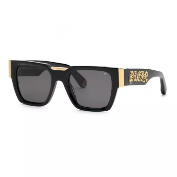 PHILIPP PLEIN SPP095M520700 Vyrų kvadratiniai akiniai nuo saulės, juodas acetato rėmelis, pilki lęšiai, UV400, 52/21/145 mm