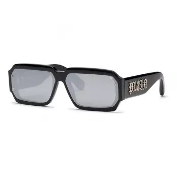 PHILIPP PLEIN SPP150-670700 Vyriški akiniai nuo saulės, juodas acetatinis rėmelis, tamsiai pilki lęšiai, 67/11/145 mm