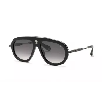 PHILIPP PLEIN SPP151V57700Y Vyriški akiniai nuo saulės - Juodas acetatinis rėmelis, pilki polikarbonatiniai lęšiai, 57 mm