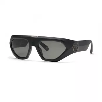 PHILIPP PLEIN SPP153-580U28 Vyriški stačiakampiai akiniai nuo saulės, blizgantis juodas acetato rėmelis, dūminiai pilki polikarbonato lęšiai, 58 mm