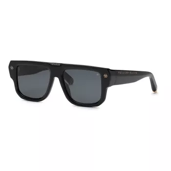 Philipp Plein SPP179-550Z29 Vyriški akiniai nuo saulės, juodas acetatinis rėmelis, pilki polikarbonatiniai lęšiai, 55/18/145 mm