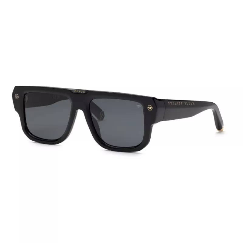 Philipp Plein SPP179-550Z29 Vyriški akiniai nuo saulės, juodas acetatinis rėmelis, pilki polikarbonatiniai lęšiai, 55/18/145 mm