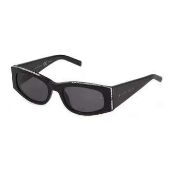 Philipp Plein moteriški katės akies akiniai nuo saulės SPP025S550700 - blizgūs juodi acetatiniai rėmeliai, dūminiai lęšiai, UV400