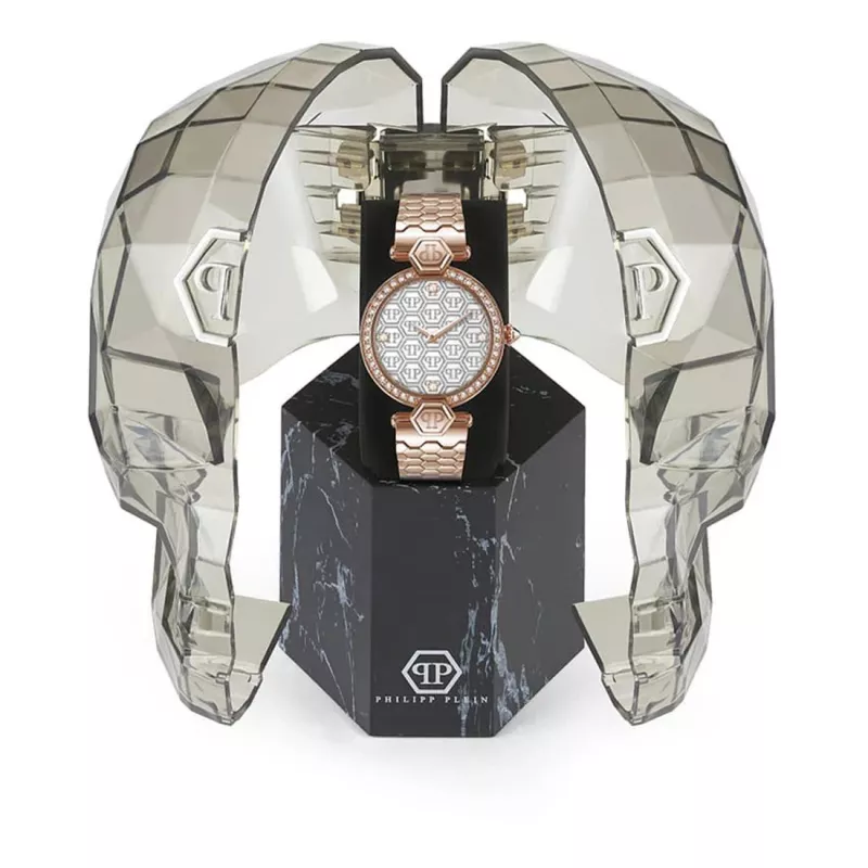 Philipp Plein moteriškas PWEAA0821 32mm nerūdijančio plieno kvarcinis laikrodis su juodu kaukolės ciferblatu