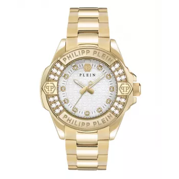 Philipp Plein moteriškas laikrodis The $kull Quartz 38mm nerūdijantis plienas juodas ciferblatas silikoninis dirželis PWOFA0725