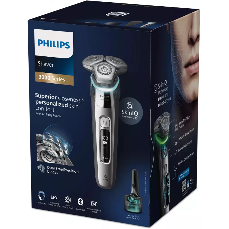 Philips S9975/55 SkinIQ šlapias ir sausas elektrinis skustuvas – 360-D lankstomos galvutės, 60 min. veikimo laikas, chromas