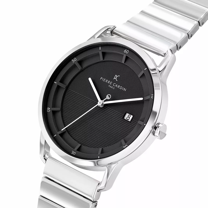 Pierre Cardin vyriškas analoginis kvarcinis laikrodis CLC.6006 - 43mm nerūdijančio plieno korpusas, juodas odinis dirželis