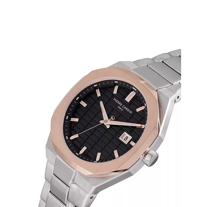 Pierre Cardin vyrų laikrodis CF.1000.MU 42mm kvarcinis analoginis nerūdijantis plienas juodas ciferblatas odinis dirželis