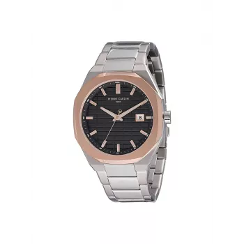 Pierre Cardin vyrų laikrodis CF.1000.MU 42mm kvarcinis analoginis nerūdijantis plienas juodas ciferblatas odinis dirželis