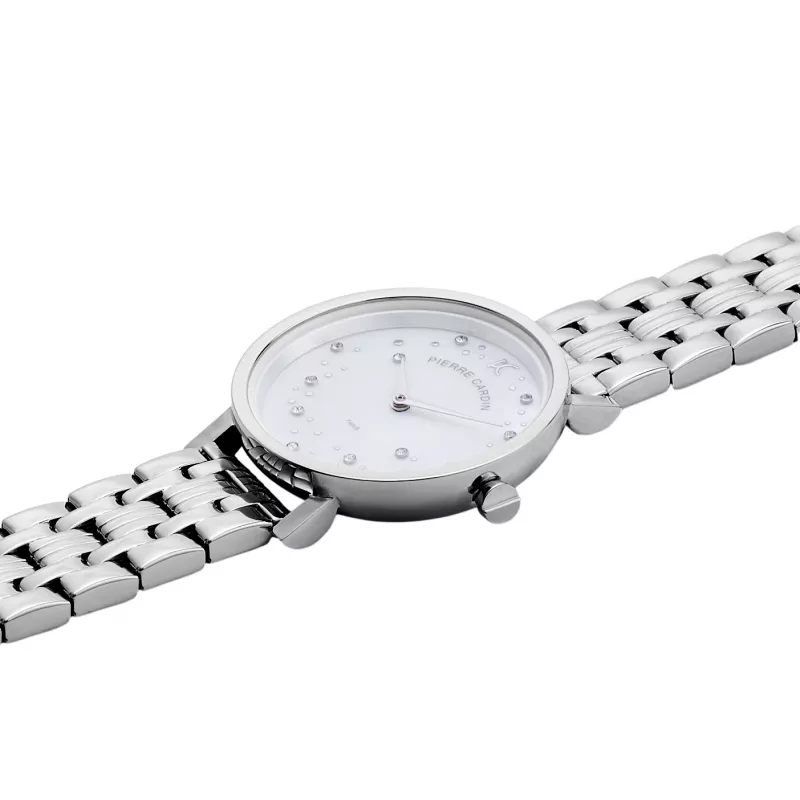 Pierre Cardin Women's Quartz Analog Watch CCM.0550 32mm Stainless Steel Case Silver Dial Black Leather Strap