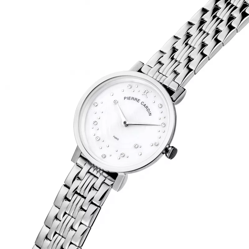 Pierre Cardin Women's Quartz Analog Watch CCM.0550 32mm Stainless Steel Case Silver Dial Black Leather Strap