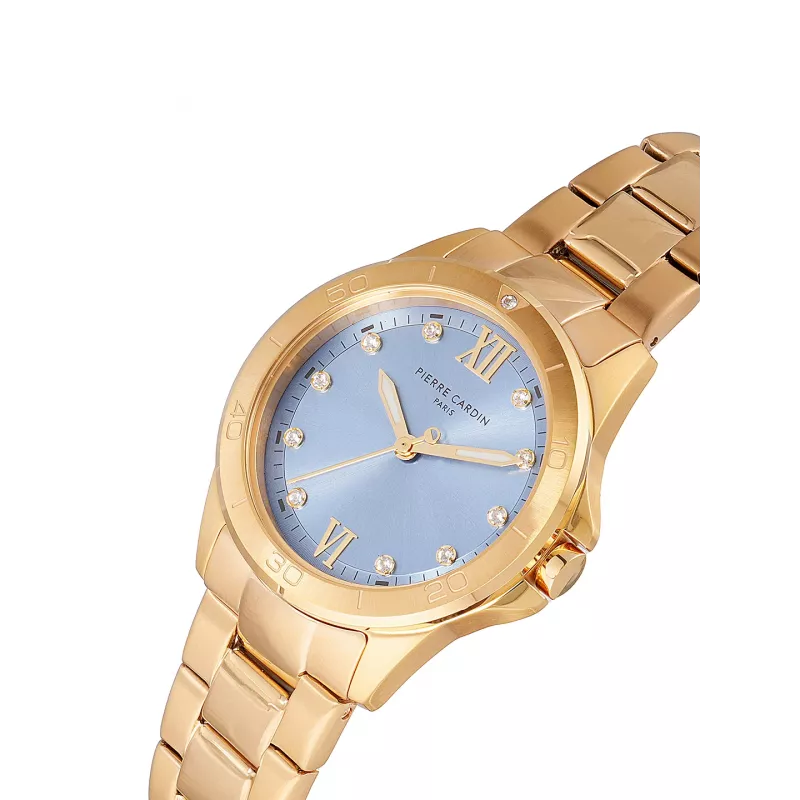 Pierre Cardin moteriškas kvarcinis analoginis laikrodis CF.1009.MG.2 - 34mm nerūdijančio plieno tinklelio auksinė spalva