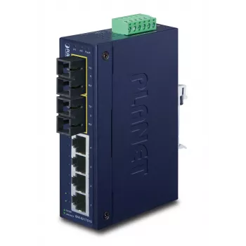 PLANET ISW-621TS15 Pramoninis nevaldomas L2 Fast Ethernet jungiklis su 4x 10/100 + 2x 100Base-FX SC kelių režimų, DIN bėgelis/sieninis montavimas, -40 iki 75°C