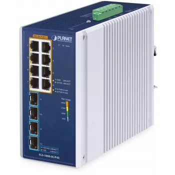 PLANET TECHNOLOGY CORP. IGS-5225-8P4X Pramoninis 8 prievadų 10/100/1000T 802.3bt PoE + 4 prievadų 10G SFP+ Ethernet jungiklis (360W PoE biudžetas, PoE naudojimo LED, -40~75°C, dviguba 48~54V DC maitinimo įvestis)