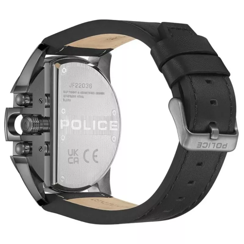 POLICE vyriškas PEWJF2203601 kvarcinis laikrodis su juodu ciferblatu ir odiniu dirželiu, 48 mm