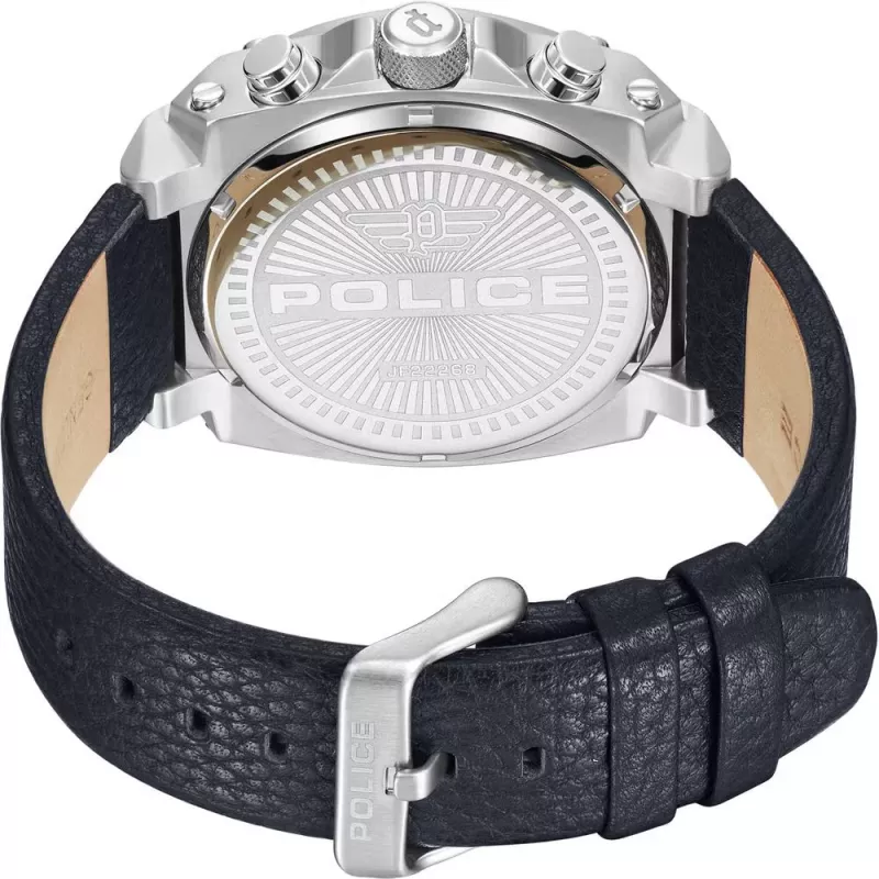 POLICE Vyriškas laikrodis PEWJF2226802 Blaze kolekcija 45mm nerūdijančio plieno korpusas, juodas odinis dirželis, analoginis kvarcinis