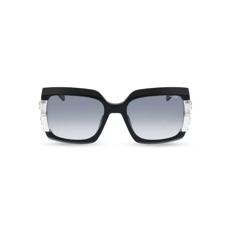 POLICE Moteriški akiniai nuo saulės SPLG23M570700 Geometrinis juodas acetatinis rėmelis, pilki polikarbonatiniai lęšiai, 57 mm