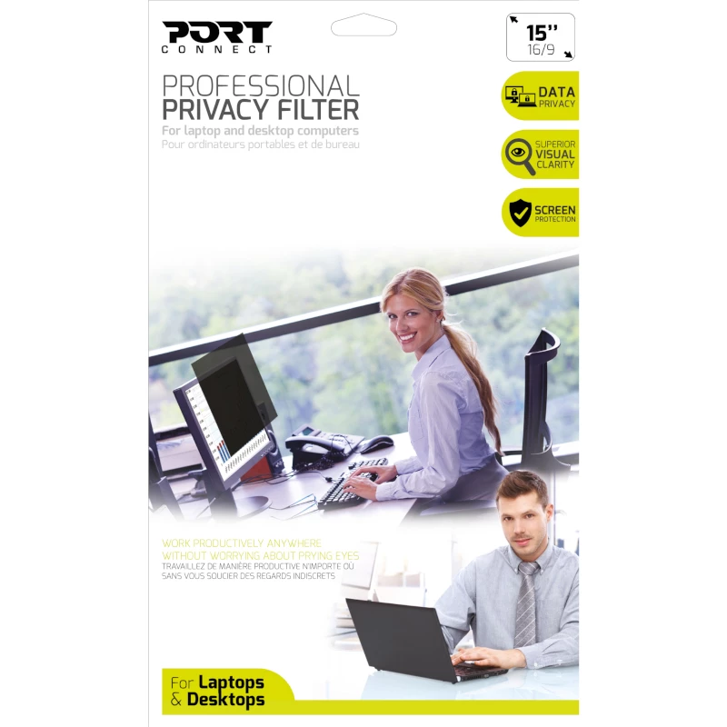 Port Connect 2D profesionalus privatumo filtras 15,6 colio (16:9) | Apsauga nuo atspindžių, įbrėžimų, mėlynos šviesos ir UV spindulių | Nuimami lipnūs ir stumdomi laikikliai | Grįžtamasis matinis/blizgus