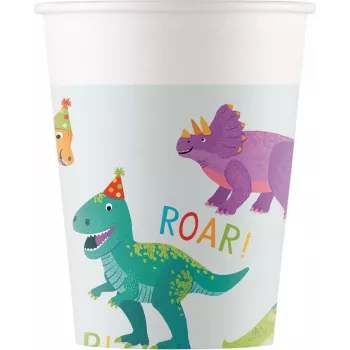 Procos Dino Party popieriniai puodeliai 200 ml, 8 vnt., įvairiaspalvis dinozaurų dizainas 97975