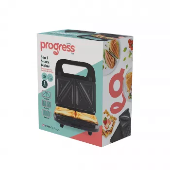Progress EK6666PVDE 3 in 1 Užkandžių Gaminimo Prietaisas - Vaflinė, Sumuštinių ir Spurgų Kepimo Priemonė, 900W, Juoda