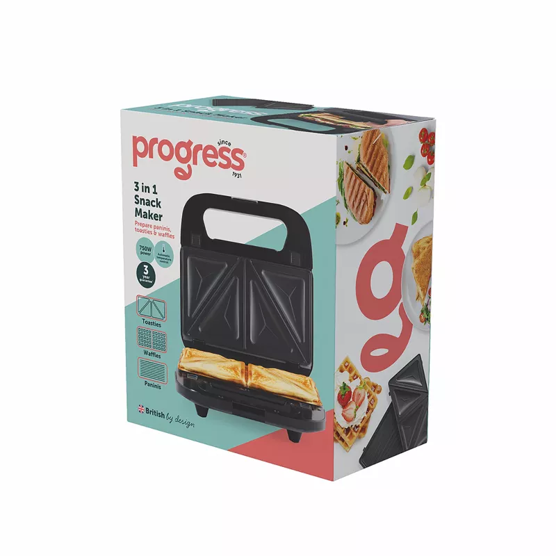 Progress EK6666PVDE 3 in 1 Užkandžių Gaminimo Prietaisas - Vaflinė, Sumuštinių ir Spurgų Kepimo Priemonė, 900W, Juoda