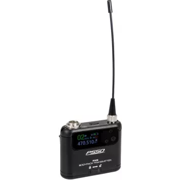 PSSO PXS Mini kūno siųstuvas 470-510 MHz UHF belaidės sistemos komponentas su 16 kanalų, 10 mW išėjimo galia, LCD ekranu, 10 valandų baterijos veikimo laiku, 3 kontaktų Mini-XLR įėjimu, diržo klipsu 13063513