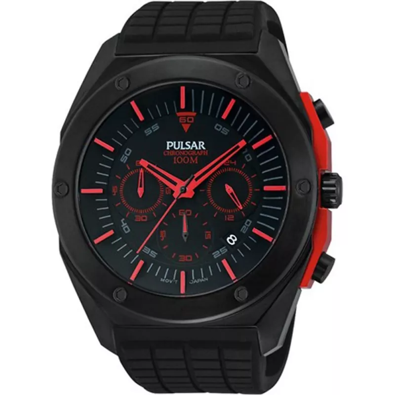 Pulsar vyrų kvarcinis chronografinis laikrodis PT3463X1 - 45mm nerūdijančio plieno korpusas, mėlynas ciferblatas, ruda odinė juosta, 100m atsparumas vandeniui