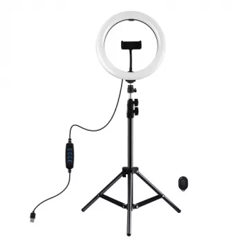 PULUZ 26cm LED žiedo šviesa su trikojžiu stovu iki 1,1 m ir telefono laikikliu, USB maitinimas