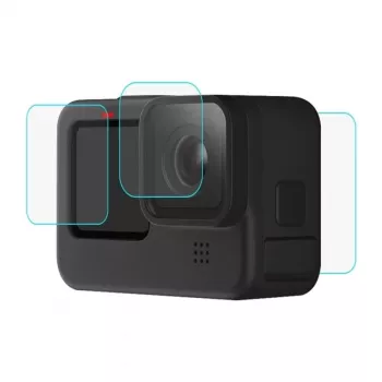 PULUZ PU507 9H Grūdinto stiklo ekrano ir objektyvo apsaugos rinkinys, skirtas GoPro HERO12/11/10, juodos spalvos – 3 dalių rinkinys (priekis, galas, objektyvas)