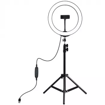 PULUZ LED žiedinė šviesa 26cm su trikoju iki 1,1m ir telefono laikikliu, USB