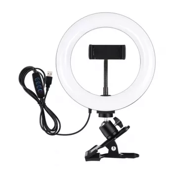 PULUZ PKT3120B 20 cm profesionalus žiedinis šviestuvas vlogavimui, tiesioginėms transliacijoms ir makiažui – 80 LED, 10W, 3000K-6500K, 10 lygių pritemdomas, su monitoriaus laikikliu ir telefono laikikliu – juodas
