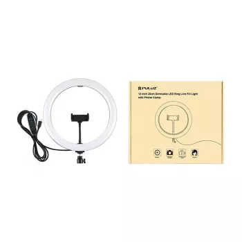 PULUZ PU656B 10 colių LED žiedinė šviesa su telefono laikikliu ir trikoju, 12W, 3000K-6500K, USB maitinimas, skirta tiesioginėms transliacijoms, TikTok, YouTube, makiažui, fotografijai