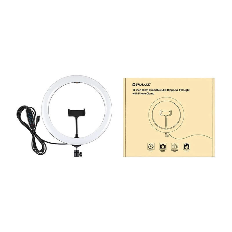 PULUZ PU656B 10 colių LED žiedinė šviesa su telefono laikikliu ir trikoju, 12W, 3000K-6500K, USB maitinimas, skirta tiesioginėms transliacijoms, TikTok, YouTube, makiažui, fotografijai