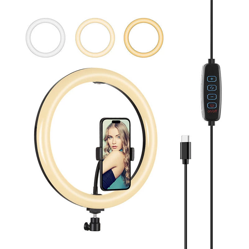 PULUZ PU656B 10 colių LED žiedinė šviesa su telefono laikikliu ir trikoju, 12W, 3000K-6500K, USB maitinimas, skirta tiesioginėms transliacijoms, TikTok, YouTube, makiažui, fotografijai