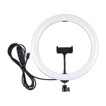 PULUZ PU656B 10 colių LED žiedinė šviesa su telefono laikikliu ir trikoju, 12W, 3000K-6500K, USB maitinimas, skirta tiesioginėms transliacijoms, TikTok, YouTube, makiažui, fotografijai
