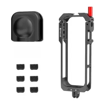 PULUZ PU759B Aliuminio lydinio apsauginis narvas, skirtas Insta360 X5 veiksmo kamerai su 1/4 colio-20 sriegiais ir šalto bato laikikliu