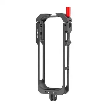 PULUZ PU759B Aliuminio lydinio apsauginis narvas, skirtas Insta360 X5 veiksmo kamerai su 1/4 colio-20 sriegiais ir šalto bato laikikliu