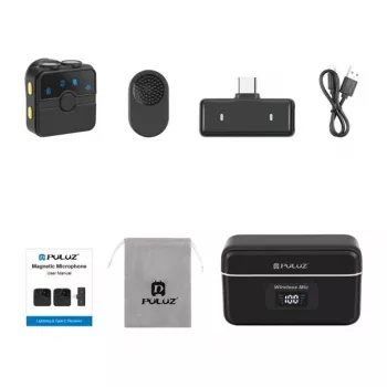 PULUZ SmartLink WS300 2.4GHz dviguba belaidė lavalier mikrofonų sistema su triukšmo mažinimu, 100m nuotolis, USB-C įkrovimas