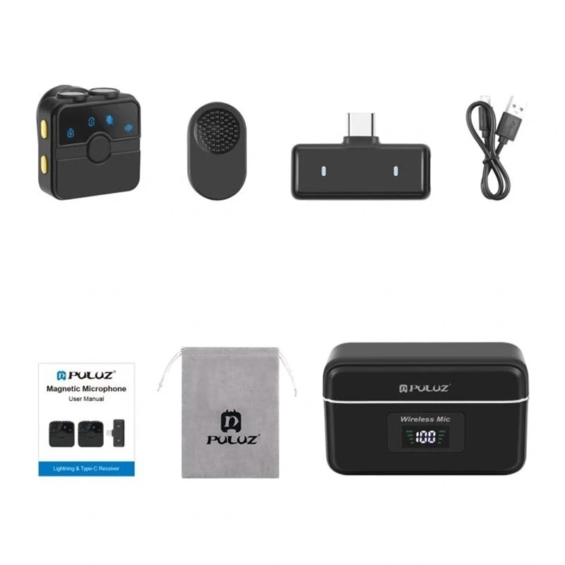 PULUZ SmartLink WS300 2.4GHz dviguba belaidė lavalier mikrofonų sistema su triukšmo mažinimu, 100m nuotolis, USB-C įkrovimas