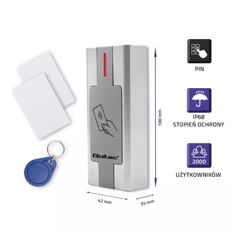 Qoltec 52446 artumo kortelių ir raktų pakabukų skaitytuvas – 125 kHz RFID, Wiegand 26-bit, IP65