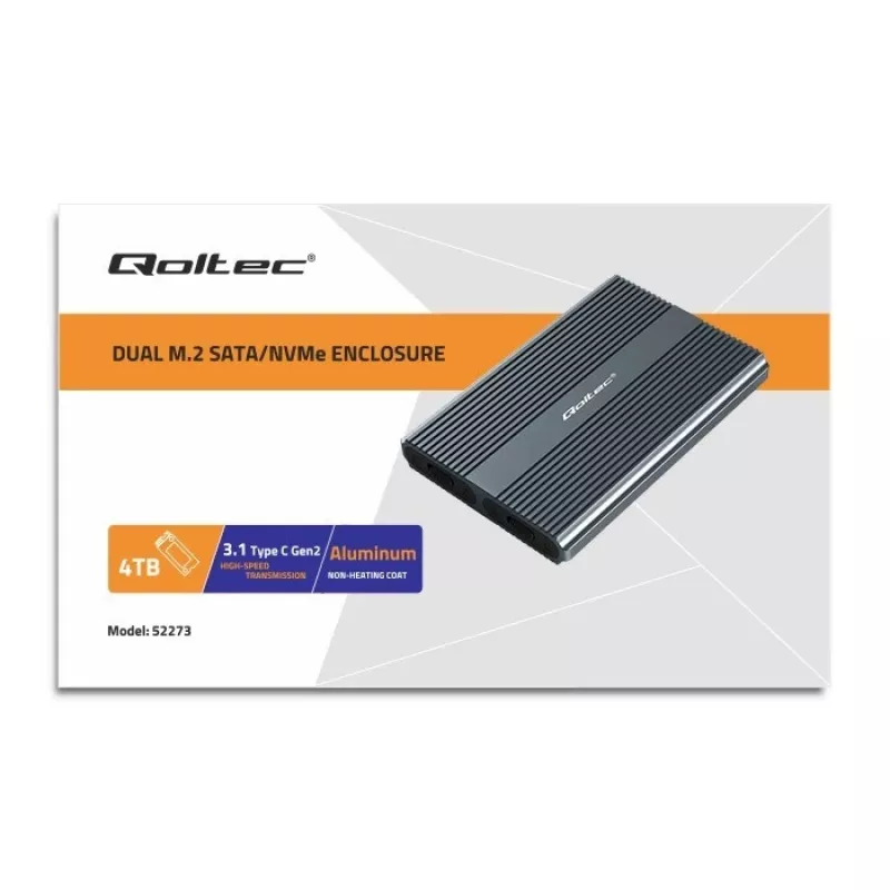 Qoltec Dual M.2 NVMe SATA SSD korpusas su USB-C 3.2 Gen 2, be įrankių aliuminis, palaiko 2x2TB, UASP, TRIM, 10Gbps