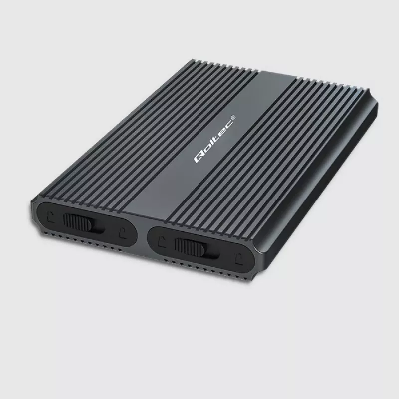 Qoltec Dual M.2 NVMe SATA SSD korpusas su USB-C 3.2 Gen 2, be įrankių aliuminis, palaiko 2x2TB, UASP, TRIM, 10Gbps