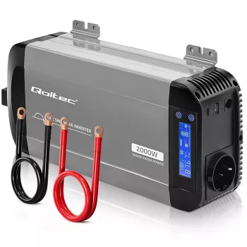 Qoltec grynosios sinusoidės keitiklis 12V į 230V 1000W/2000W su LCD, USB, USB-C, suderinamas su LiFePO4/GEL/AGM