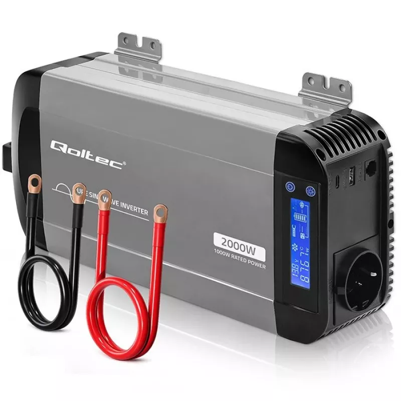 Qoltec grynosios sinusoidės keitiklis 12V į 230V 1000W/2000W su LCD, USB, USB-C, suderinamas su LiFePO4/GEL/AGM