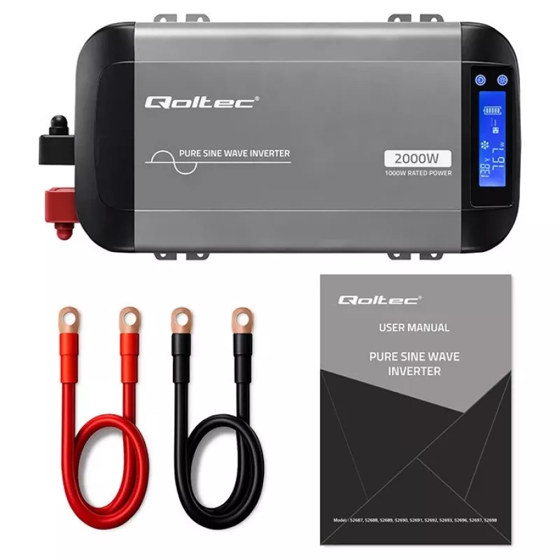 Qoltec grynosios sinusoidės keitiklis 12V į 230V 1000W/2000W su LCD, USB, USB-C, suderinamas su LiFePO4/GEL/AGM