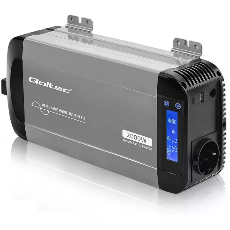 Qoltec grynosios sinusoidės keitiklis 12V į 230V 1000W/2000W su LCD, USB, USB-C, suderinamas su LiFePO4/GEL/AGM
