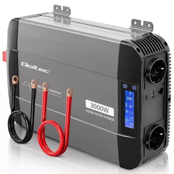Qoltec grynos sinusoidės keitiklis 12V į 230V 1500W/3000W su LCD USB USB-C, skirtas LiFePO4 GEL AGM